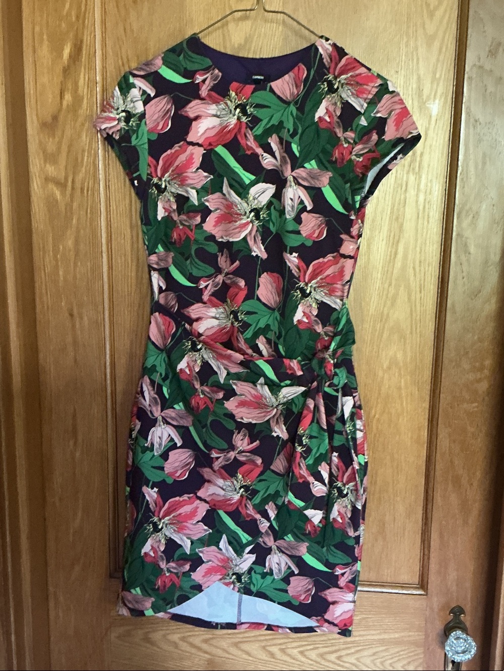 Express faux-wrap dress purple/pink/green tropical XS NWOT
